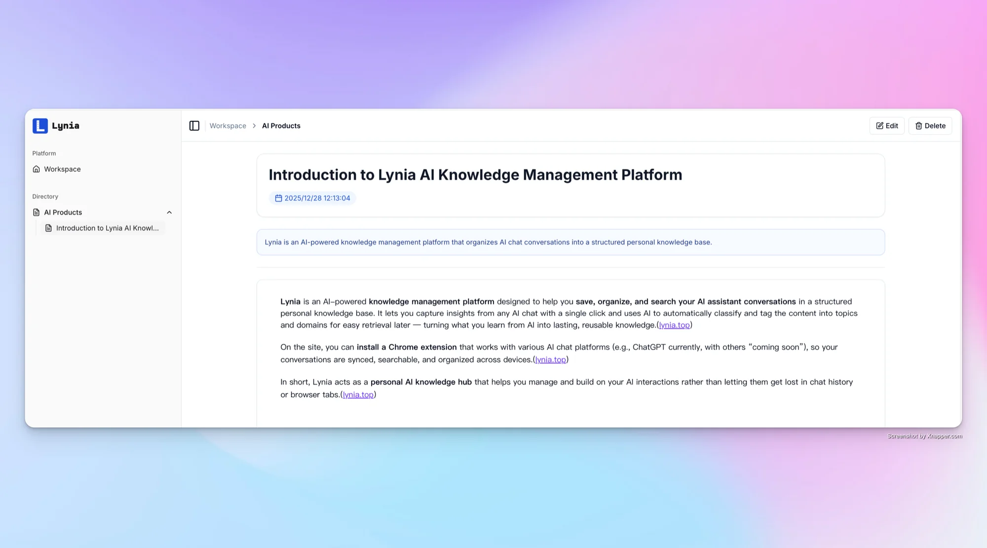 Lynia web app knowledge detail view
